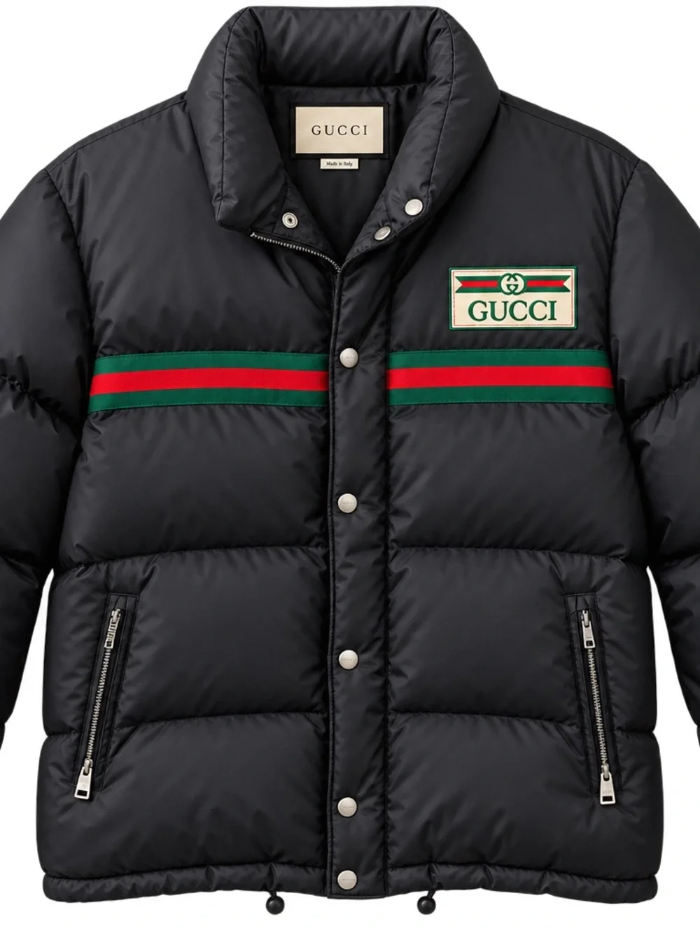 Gucci Black Puffer Jacket with Green and Red Web Stripe